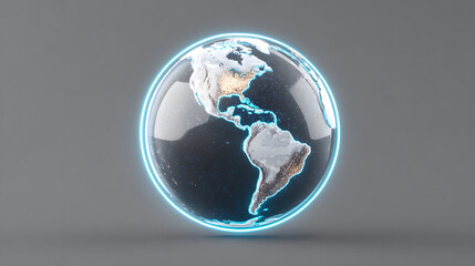 Glowing digital globe, semitransparent mesh Earth with node connections, North and South America highlighted, futuristic style, gray background, modern technology concept