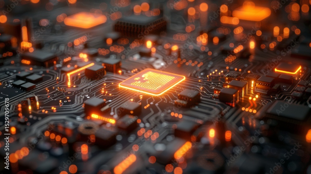 Poster an intricate close-up of a circuit board features glowing lights and detailed components, showcasing