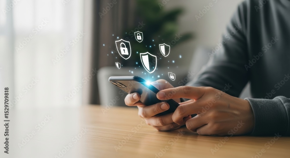 Poster businessman hands using a smartphone, surrounded by security shields and padlock icons, representing