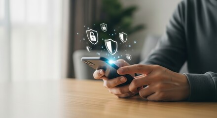 Businessman hands using a smartphone, surrounded by security shields and padlock icons, representing secure online banking and mobile data protection.
