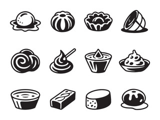 Collection of Black and White Dessert and Sweet Treats Icons, set of black and white icons depicts various desserts and sweets, from ice cream and pastries to sauces and fillings vector art on white