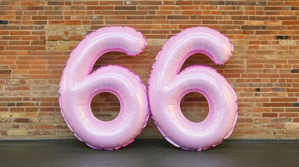 Two large pink balloon numbers '66' against a rustic brick wall, perfect for celebrating birthdays or anniversaries, ideal for party invitations, social media posts, or event decorations,
