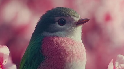 A close-up portrait of a colorful bird against a soft pink background, perfect for wildlife-related projects, nature-themed decor, or educational materials about avian species,