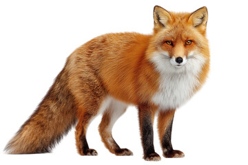 Fototapeta premium A majestic red fox standing alert with a fluffy tail against a solid Transparent Background in a studio shot
