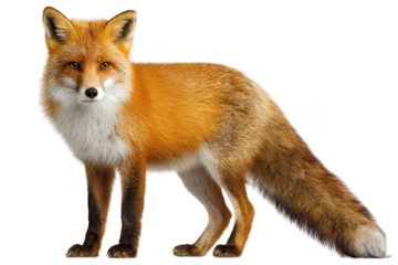 A full body shot of a red fox standing against a Transparent Background looking directly at the viewer