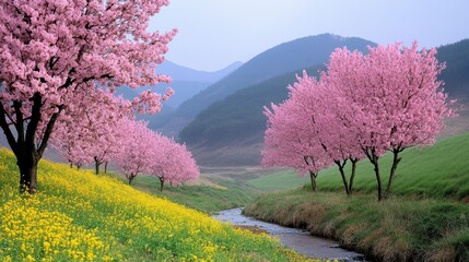 A serene landscape features blooming cherry blossom trees alongside a vibrant yellow field and a gently flowing stream, perfect for nature-related projects, travel blogs, or spring-themed promotions,