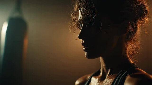 Cinematic profile portrait of a young. Determined female boxer. Her face glistening with sweat. Taking a breather beside a heavy bag in a dimly lit gym. Her focused gaze hinting at unwavering resolve