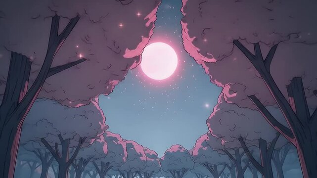 2D cel-shaded forest clearing with glowing strawberry moon