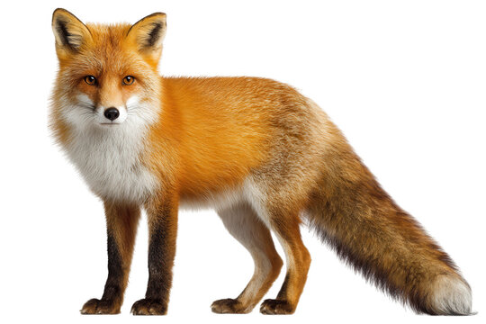 A full body shot of a red fox standing against a Transparent Background looking directly at the viewer