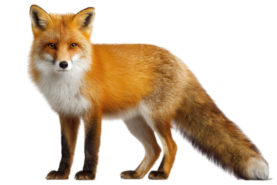 A full body shot of a red fox standing against a Transparent Background looking directly at the viewer