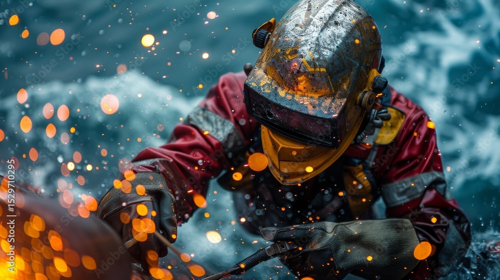 Aufkleber a dynamic scene of a welder at work, surrounded by flying sparks and crashing waves, capturing the i