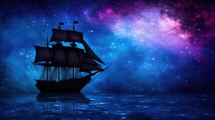 A majestic sailing ship silhouetted against a vibrant cosmic backdrop filled with stars and swirling galaxies, This captivating image can be used for themes of exploration, adventure, and imagination