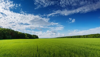 Fototapeta premium a vast green field extends towards a distant forest line under a blue sky with fluffy clouds