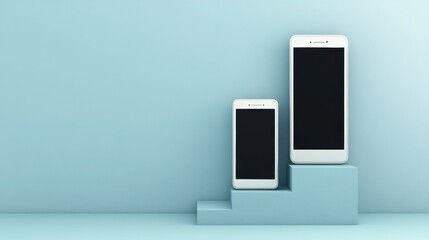 Two smartphones of varying sizes are positioned on tiered pedestals against a soft blue background, ideal for illustrating technology trends, product comparisons, or mobile marketing concepts,