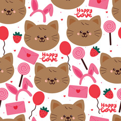 seamless pattern cute cartoon cat with cute valentine stuffs in white background. animal drawing for wallpaper and gift wrap paper