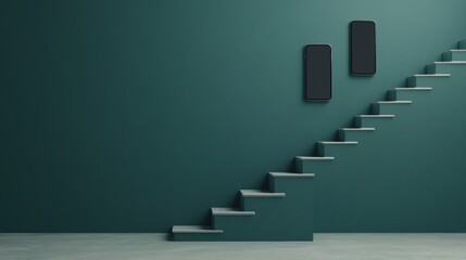 A minimalist staircase with two smartphones mounted on a teal wall can symbolize digital advancement and connectivity, Ideal for tech-related articles, marketing, or interior design concepts,