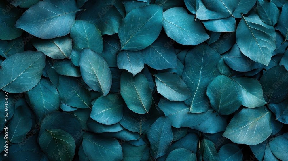 Poster a mesmerizing array of teal leaves, presenting an artistic composition that speaks to the beauty of 