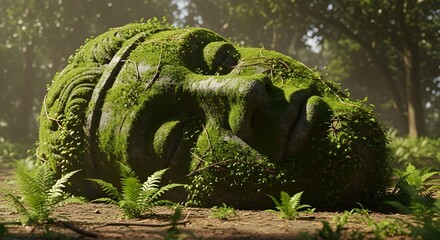 Ancient Sleeping Stone Face in Mossy Forest | Nature Overgrowth 3D Scene