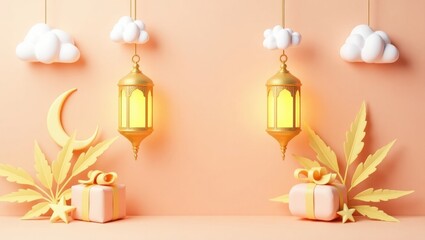 Glowing Lanterns and Gifts Beneath Dreamy Clouds and Crescent Moon