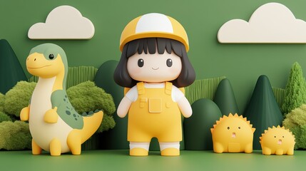 A cheerful girl in a yellow outfit stands beside a friendly dinosaur and two cute creatures against a green backdrop, perfect for children's content, educational materials, or playful branding,