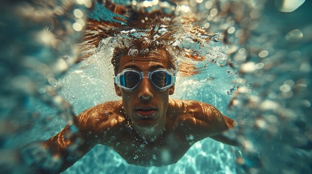 An athletic swimmer is captured underwater wearing goggles, showcasing both determination and grace in motion, highlighting the skill and beauty of aquatic sports.