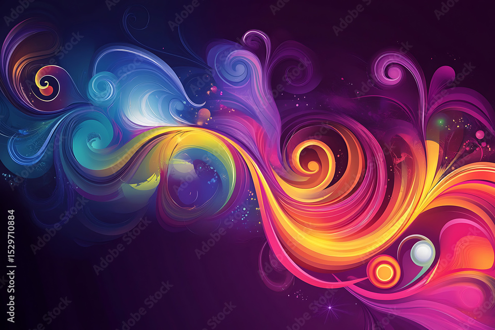 Fototapete colorful swirls and curls abstract art with dark background and vibrant gradient design elements