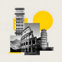 Italian Landmarks Collage: Black and White Buildings with Yellow Geometric Shapes, Travel Photography