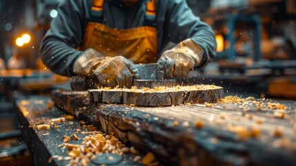 This mesmerizing image captures a craftsman expertly shaping wood, surrounded by flying shavings, showcasing dedication and the art of skillful woodworking in action.