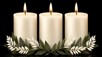 A serene composition of three lit candles surrounded by delicate foliage creates a tranquil ambiance, perfect for settings like weddings, memorials, or relaxation spaces