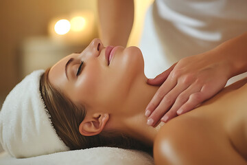 Woman receiving a neck massage at a spa with a towel on her head and a relaxed expression on her face