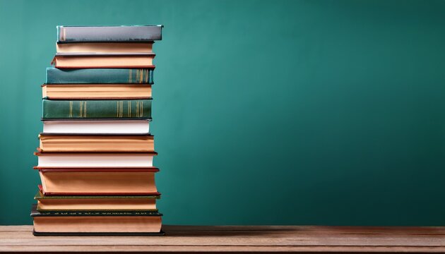tall stack of books placed on wooden surface against teal backdrop representing learning academic pursuit and intellectual growth