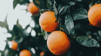 Fresh oranges hang from lush green branches, showcasing vibrant colors and textures, Ideal for food-related projects, health articles, or nature-themed designs