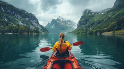 A person in a bright yellow kayak paddles through a tranquil mountain lake surrounded by breathtaking peaks and lush greenery, inviting adventure and exploration.