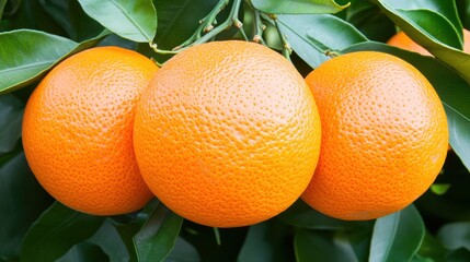 Vibrant oranges hang on a tree branch, showcasing their bright color and texture amidst lush green leaves, Ideal for food-related projects, health topics, or agricultural themes,