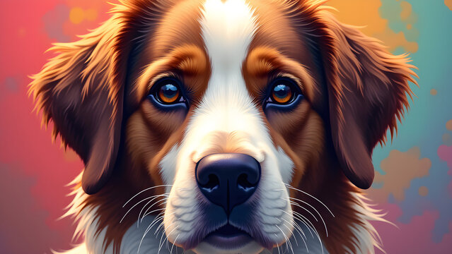 A close up of a dog's face with a colorful background