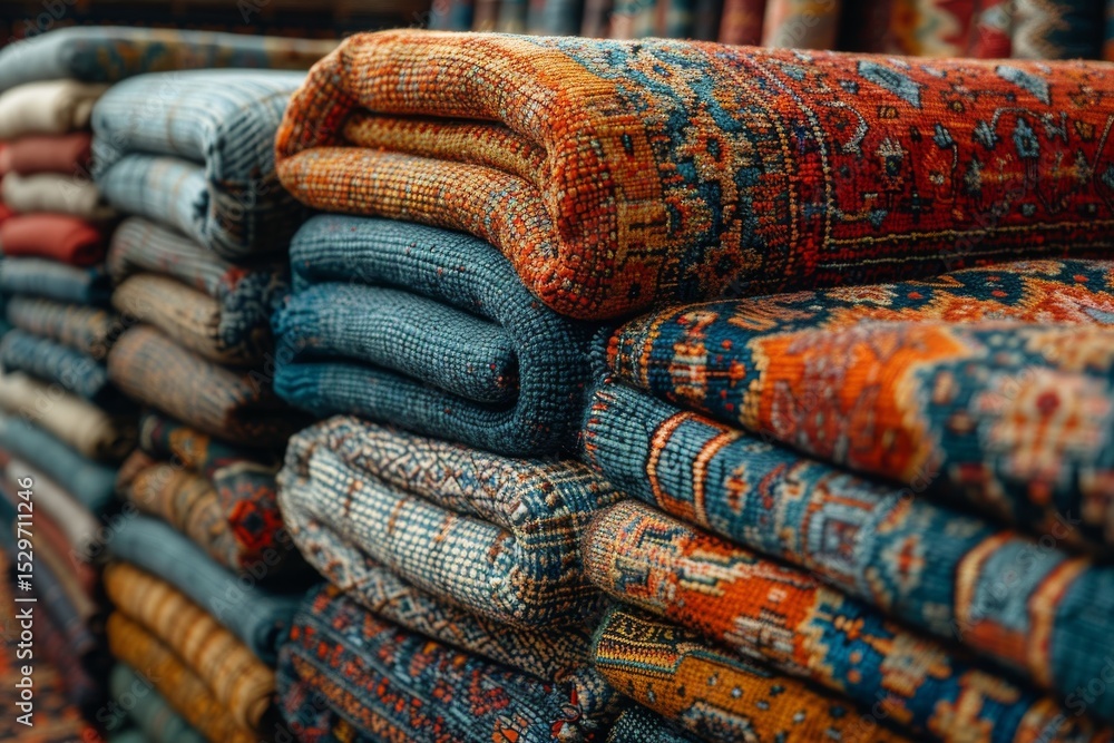 Aufkleber this image showcases a neatly arranged stack of colorful handwoven textiles, highlighting intricate 