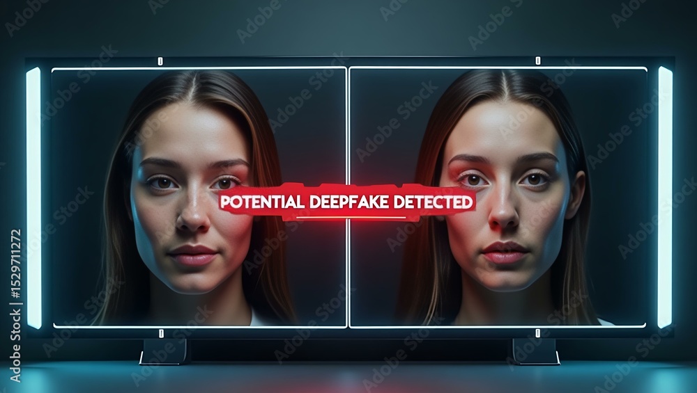 Poster close-up of two faces displayed on screens with a warning label about potential deepfake detection.