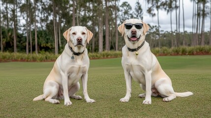 Two Labrador Retrievers sit side by side on lush green grass, one wearing stylish sunglasses, This playful and charming image is perfect for pet-related marketing, greeting cards