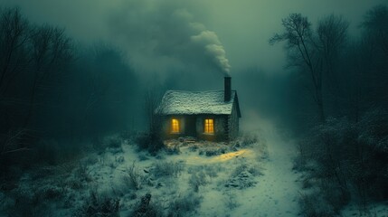 Snow-covered cabin in a misty forest at night