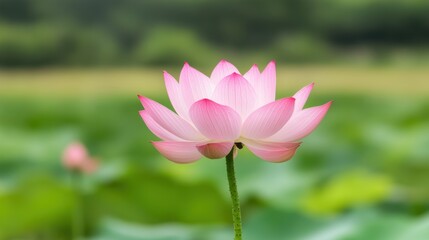 A stunning pink lotus flower stands gracefully above lush green leaves, showcasing its delicate petals and serene beauty, perfect for nature-themed projects or wellness branding,