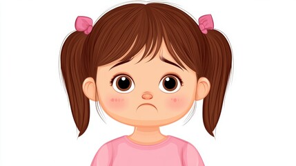 Fototapeta premium A digital illustration of a young girl with pigtails and a sad expression, perfect for children's book covers, educational materials, or emotional theme projects