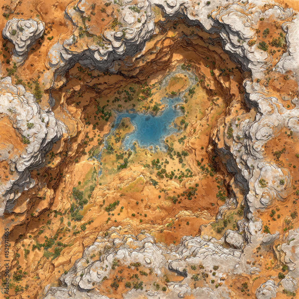 Aufkleber captivating view of a remote oasis in a desert, surrounded by rugged cliffs and scattered greenery u