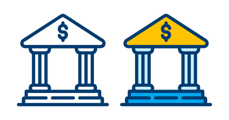 Stylized bank building icons with dollar signs, representing finance and savings
