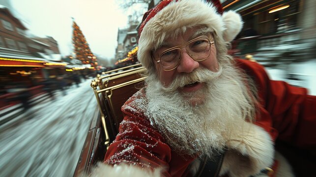 A joyful Santa Claus with a thick white beard and round glasses smiles as he rides through snow-laden streets, embodying the festive spirit of the holiday season.