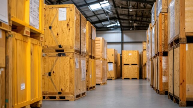 A spacious warehouse filled with wooden crates organized in neat rows, showcasing a clean and efficient storage environment, This image is suitable for logistics, storage, inventory management