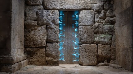 Fototapeta premium Ancient Stone Door with Futuristic Cyber Lock