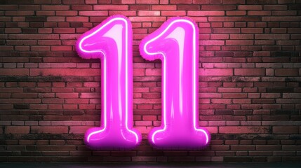 Bright pink balloons forming the number 11 contrast against a rustic brick wall, ideal for birthday celebrations, milestone events, or party decorations