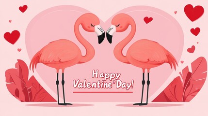A cheerful illustration of two flamingos surrounded by hearts, perfect for Valentine's Day themes, Ideal for cards, social media posts, or decorations to celebrate love and affection,