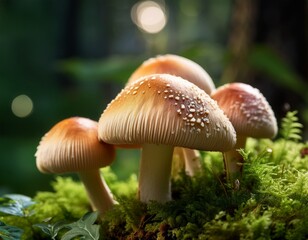 Fototapeta premium a beautiful close up of mushrooms surrounded by lush greenery showcasing nature s elegance and the intricate details of fungi thriving in their natural habitat