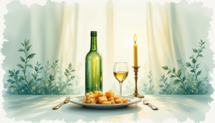 Fototapeta premium a charming watercolor vignette of a charming candlelight dinner, in a gentle and intimate watercolor style, with soft jade and champagne hues, painted on textured paper, subtle strokes